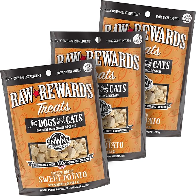 Northwest Naturals Raw Rewards Freeze-Dried Sweet Potato Treats for Dogs and Cats - Bite-Sized Pieces - Healthy, 1 Ingredient, Human Grade Pet Food, All Natural - 2 Oz (Pack of 3) (Packaging May Vary)