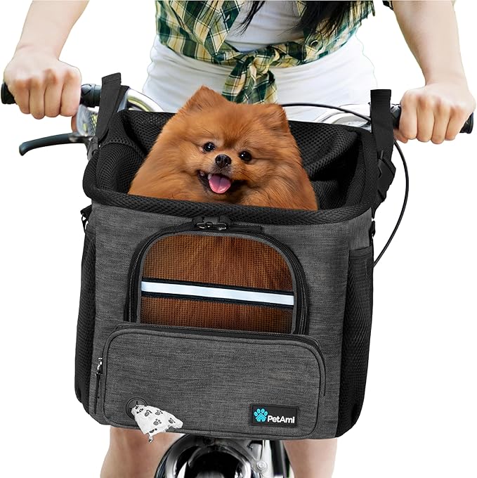 PetAmi Dog Bike Basket, Soft-sided Ventilated Dog Bike Carrier Backpack, Dog Pet Bicycle Basket for Bike Handlebar, Small Medium Puppy Cat Kitten Car Booster Seat with Safety Strap (Dark Gray)