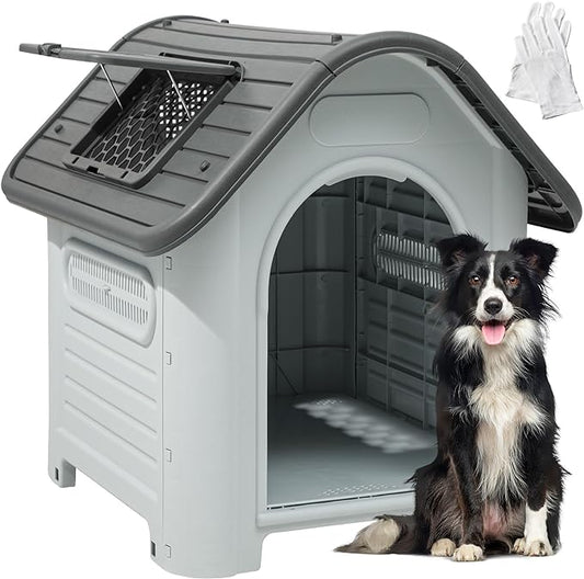 YITAHOME 34.3'' Large Dog House Outdoor Plastic Doghouse Water Resistant Pet House with Adjustable Skylight and Elevated Base for Small, Medium Dogs (34.3''L*28.3''W*29.5''H)