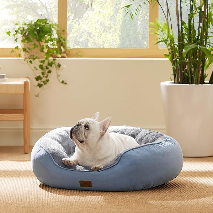 Bedsure Dog Bed for Medium Dogs - Round Washable Medium Pet Bed, Anti-Slip Donut Fluffy Plush Indoor Fur Cat Bed, 30 inches, Frost Blue