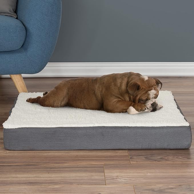 PETMAKER Orthopedic Dog Bed - 2-Layer 30x20.5-Inch Memory Foam Pet Mattress with Machine-Washable Sherpa Cover for Medium Dogs up to 45lbs (Gray)