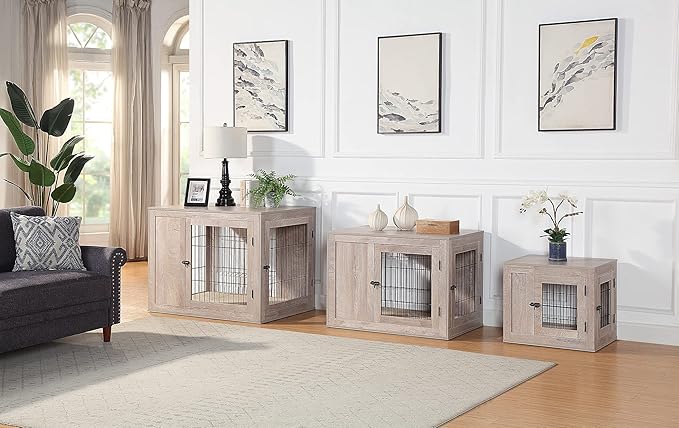 unipaws Furniture Style Dog Crate for Medium Large Dogs, Indoor Aesthetic Dog Stuff Kennel, Modern Decorative Wood Wire Pet House Dog Cage, Pretty Cute End Side Table Nightstand, Weathered Grey