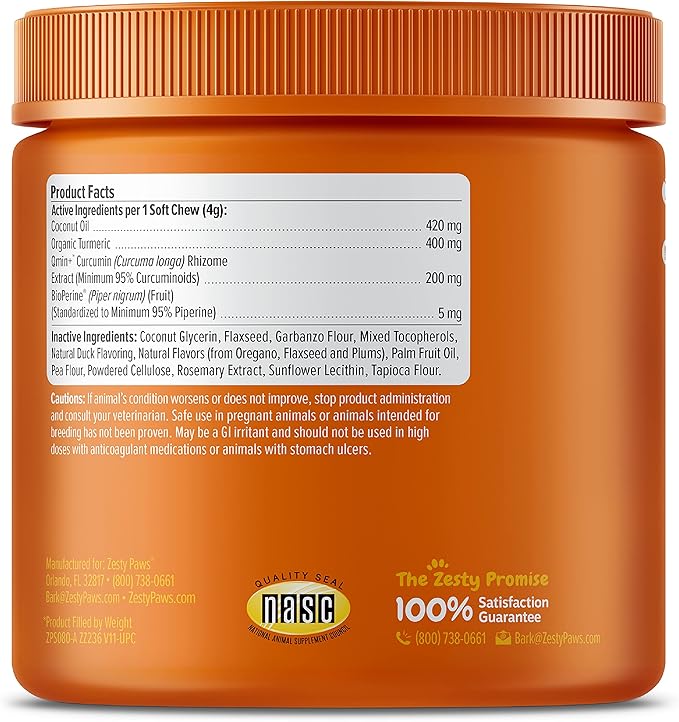 Zesty Paws Turmeric Curcumin for Dogs - for Hip & Joint Mobility Supports Canine Digestive Cardiovascular & Liver Health - Coconut Oil for Skin Health with 95% Curcuminoids + BioPerine Duck, 90 Count