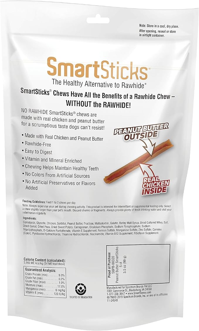 SmartBones SmartSticks, Treat Your Dog to a Rawhide-Free Chew Made With Real Peanut Butter, 5 count