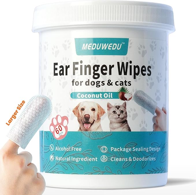 Wider Ear Cleaner Finger Wipes 60 Counts, Dog Ear Cleaner, Grooming Kit Care for Dogs and Cats,Otic Cleaning Pads, Remove Wax, Dirt & Stop Smelly, Itchy, Non-Irritating, Coconut Scent