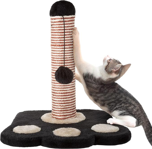 Cat Scratching Post ? Sisal Fabric and Carpet Small Cat Tree, Paw Shaped Base, Hanging Ball Toy for Adult Cats and Kittens by PETMAKER (Black/Tan)