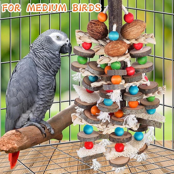 BBjinronjy Large Parrot Toys Bird Chewing Toys-Natural Nuts Corn Loofah Wooden Bird Cage Toy for African Grey,Macaws,Conure,Cokatoos,Cockatiel,Amazon Parrots and Other Medium and Small Birds