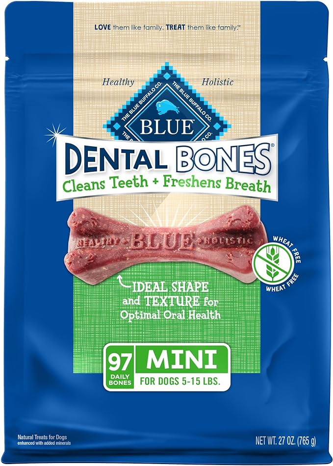 Blue Buffalo Dental Bones Mini Natural Dental Chew Dog Treats, (5-15 lbs) 27-oz Bag Value Pack