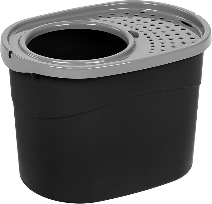 IRIS USA Oval Top Entry Cat Litter Box with Scoop, Kitty Litter Box, Cat Litter Box Enclosure, Large, Black/Gray