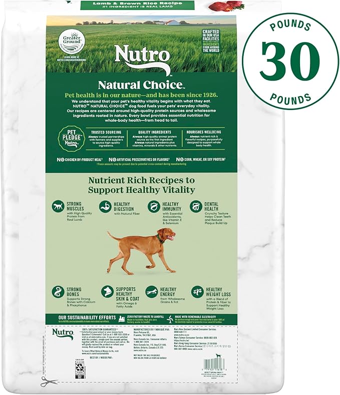 NUTRO NATURAL CHOICE Healthy Weight Adult Dry Dog Food, Lamb & Brown Rice Recipe Dog Kibble, 30 lb. Bag