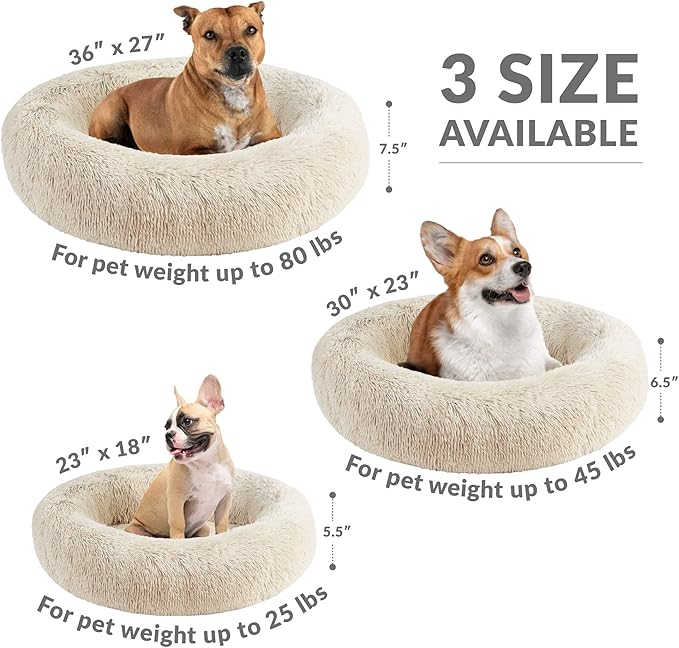 Friends Forever Calming Dog Bed for Medium Dogs, Donut Medium Pet Bed, 30 Inches Memory Foam Orthopedic Dog Bed with Fluffy Plush Faux Fur, Machine Washable, Serena Tan, 30"x23"x6.5"