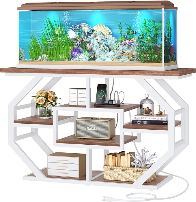 DWVO 55-75 Gallon Aquarium Stand with Power Outlet, Display Stand for Turtle Tank, Reptile Terrarium, Metal Fish Tank Stand Suitable for Living Room, Entryway, 860LBS Capacity, White & Walnut