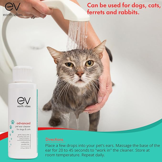 Earth Vibes Dog & Cat Ear Cleaner – Pet Cat Ear Cleaner - Advanced Natural Solution Treatment for Itching, Head Shaking, Discharge & Smelly Ears, Veterinary Vet Formula - MADE in The USA