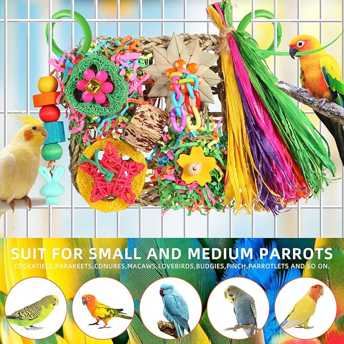 Bird Toys, Parakeet Toys Bird Foraging Toys Grass Mat Climbing Wall for Parakeet,Parrot,Cockatiel,Conure,Lovebird,Budgie Cage Small to Medium Birds (Warm Sun)