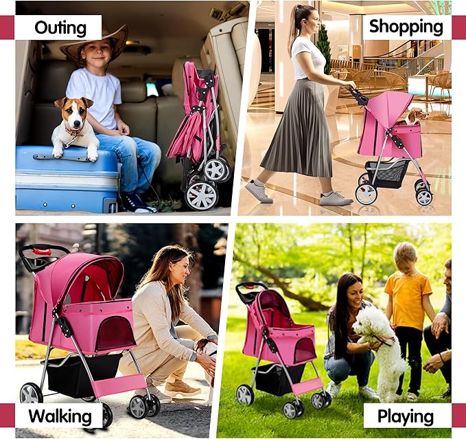 Pet Stroller 4 Wheels Dog Cat Stroller for Medium Small Dogs Cats, Folding Cat Jogger Stroller with Storage Basket & Breathable Mesh, Easy to Walk Travel Carrier, Pink