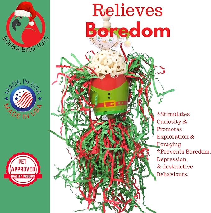 Bonka Bird Toys Christmas Elf Santa Snowman Reindeer Natural Sola Chew Forage Small Medium Bird Toy Cockatiel Parakeet Conures and Other Similar Birds (2434 Elf)