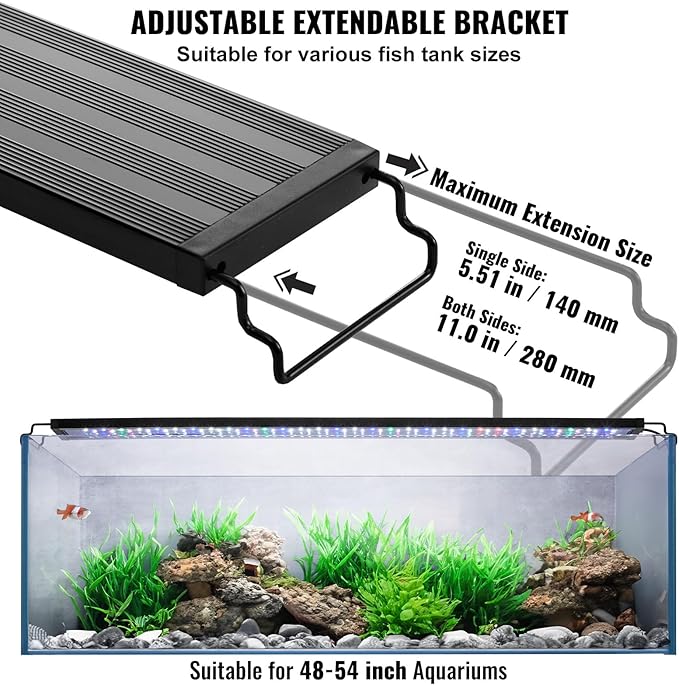 VEVOR Aquarium Light, 36W Full Spectrum Fish Tank Light with 5 Levels Adjustable Brightness, Adjustable Timer and Power-Off Memory, with ABS Shell Extendable Brackets for 48"-54" Freshwater Fish Tank