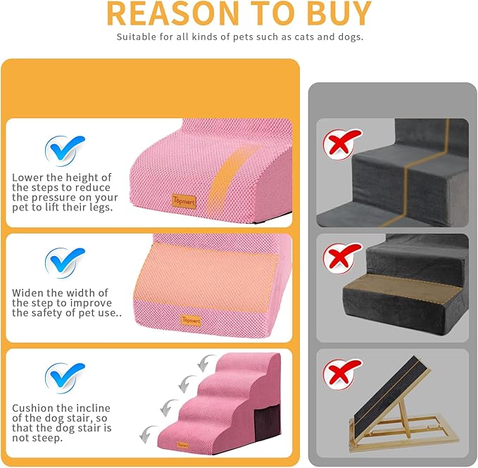 Topmart High Density Foam Dog Steps 4 Tiers,Extra Wide Deep Pet Steps, Non-Slip Pet Stairs,Dog Ramp for Bed,Soft Foam Dog Ladder,Best for Older Dogs Injured,Older Pets,Cats with Joint Pain,Color Pink