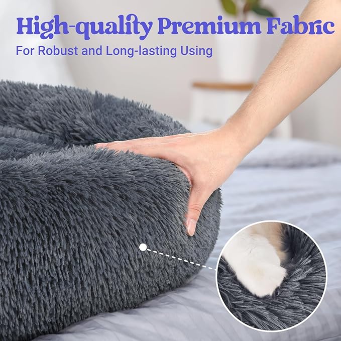 rabbitgoo Calming Dog Bed for Small Dog, 27 inches Pet Bed Washable, Fluffy Round Bed, Non-Slip Plush Large Cat Bed, Soft Cushion for Puppy, Dark Grey