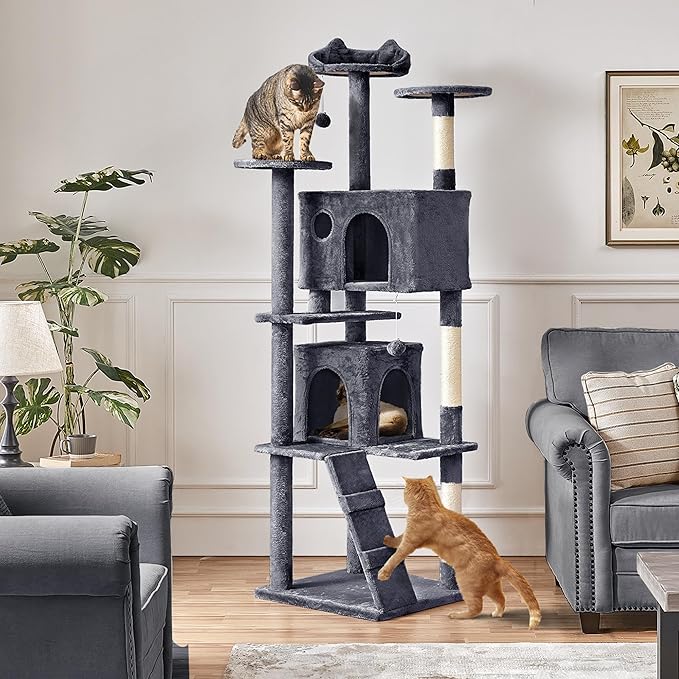 Yaheetech XL Cat Tree, 80in Multi-Level Cat Tower with Cat Scratching Posts, Double Cat Caves, Perched Platforms and Dangling Balls, Cat Stand House for Kittens Pet, Dark Gray