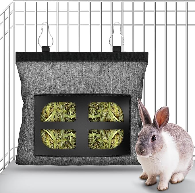 Bunny Hay Feeder,Rabbit Hay Feeder Bag, Bunny Hay Bag for Rabbits,Rabbit Hay Feeder Fabric Bag,Hay Feeder Storage Bag,4 Holes Fabric Hanging Hay Feeder Bag for Small Animal,Hay Guinea Pig(Gray)