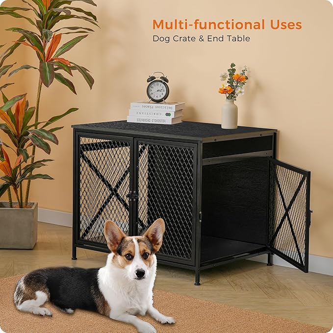 DWANTON Dog Crate Furniture, 31.5" L Three-Door Wooden Dog Kennel Indoor, Connectable expansion, Wooden Dog Crate Table for Small/Medium/Large Dog, Dog House, Dog Cage Large, Black