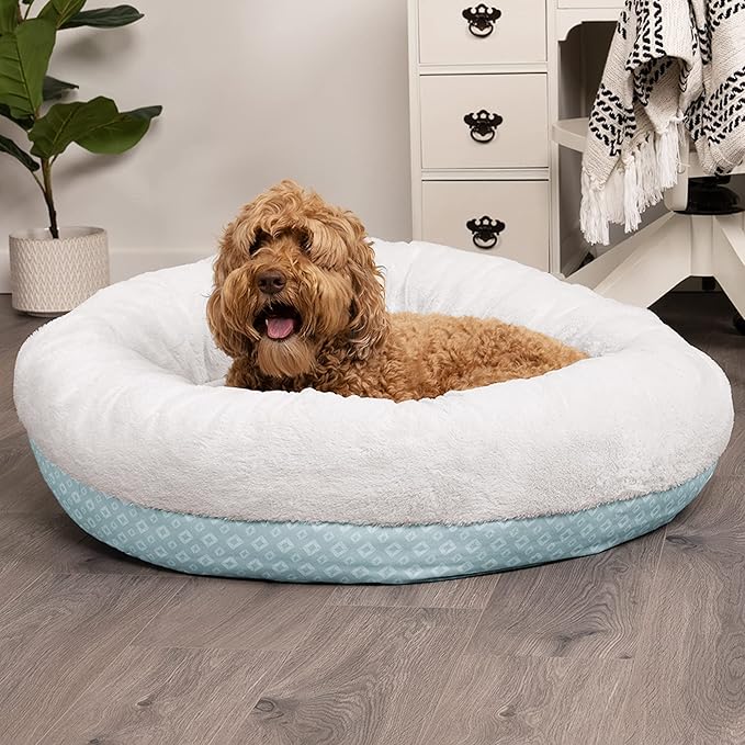 Furhaven 36" Round Donut Dog Bed for Large/Medium Dogs, Refillable w/ Removable Washable Cover, For Dogs Up to 75 lbs - Plush & Diamond Print Donut Bed - Aqua, Large
