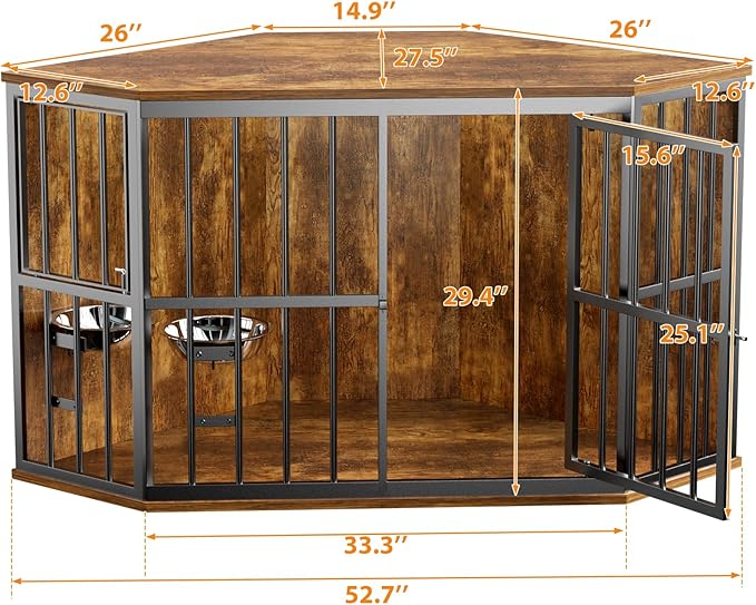 53 inch Furniture Dog Crate Corner, Dog Kennel Corner Wooden End Table with Bowl, Indoor Pet Crates Corner Side Table for Dogs, Wide Top Perfect for Limited Room