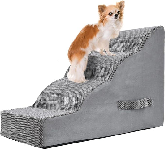 Dog Stairs 4 Steps, 19.6 inch High Pet Stairs, 30D Foam Dog Dtairs & Steps Curved Steps and Small Step Angle Protect Your Pet's Joints, Dog Steps for Small Dog, Dog Stairs to Bed, Gray