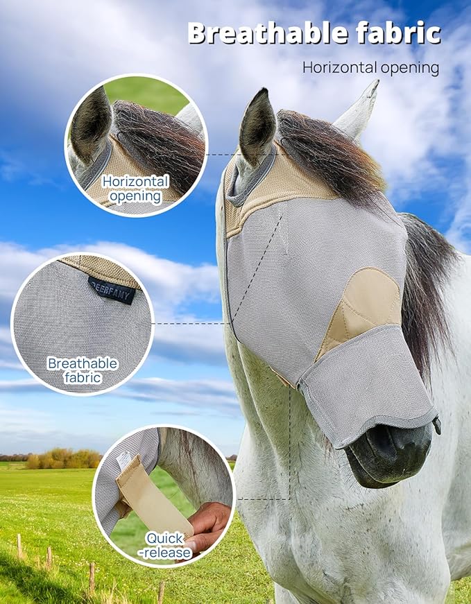 DEERFAMY Adjustable Horse Fly Mask, High-Quility Net Mesh Mask with Large Eye Space,Full Coverage, Soft & Gentle on Skin, No Ears but with Nose (Gold, M)