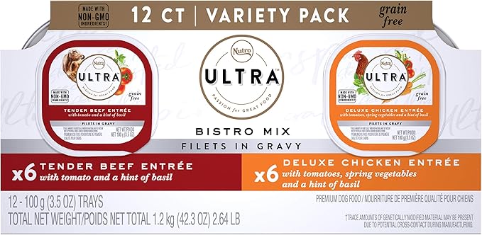 NUTRO ULTRA Grain Free Adult Soft Wet Dog Food Filets in Gravy Bistro Mix Variety Pack, 3.5 oz. Trays, Pack of 12