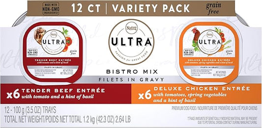 NUTRO ULTRA Grain Free Adult Soft Wet Dog Food Filets in Gravy Bistro Mix Variety Pack, 3.5 oz. Trays, Pack of 12