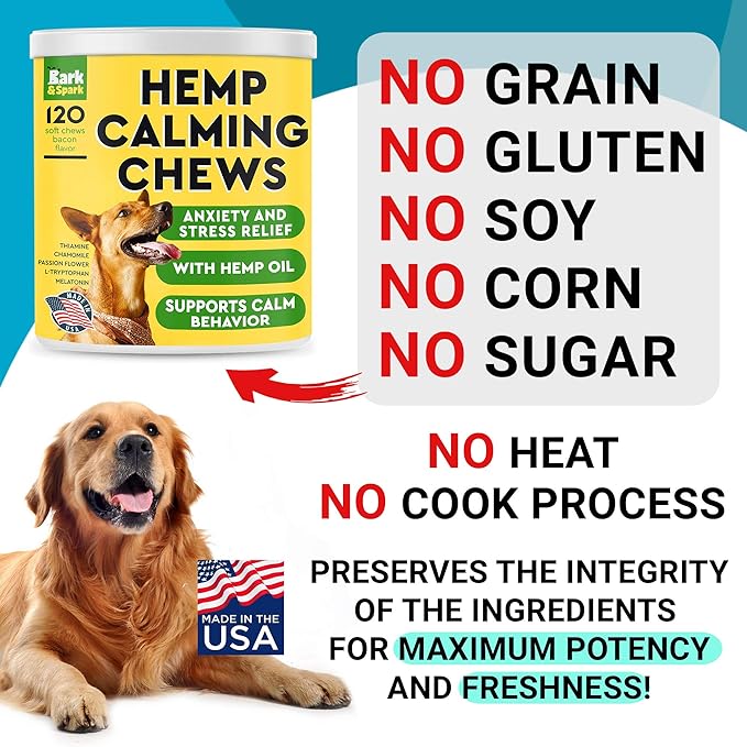 BARK&SPARK Calming Hemp Treats for Dogs - Made in USA with Hemp Oil - Anxiety Relief - Separation Aid - Stress Relief During Fireworks, Storms, Thunder - Aggressive Behavior, Barking - 240 Soft Chews