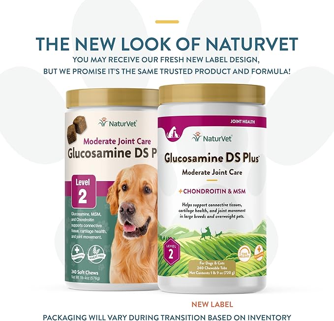 NaturVet Glucosamine DS Plus Level 2 Moderate Care Joint Support Supplement for Dogs and Cats, Chewable Tablets Time Release, Made in The USA, 240 Count