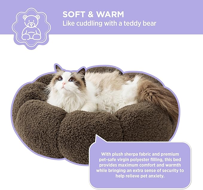 Lesure Calming Cat Beds for Indoor Cats - Cute Flower Pet Beds in Teddy Sherpa Plush, Donut Round Fluffy Puppy Bed, Non-Slip Extra Small Dog Bed Fits up to 15 lbs, Machine Washable, Espresso 20"
