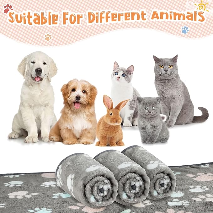 4 Pcs Pet Blanket Dog Puppy Blanket Paw Print Fleece Blanket for Small Medium Pet Dog Cat Warm Soft Sleep Mat Guinea Pig Cage Liners Blanket (Dark Gray,Small(24 x 16 Inch))