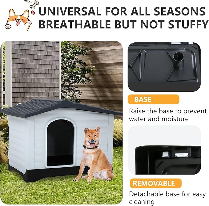 FDW Dog House Indoor Outdoor Durable House with Weatherproof Pet Plastic Dog House for Dogs Cats with Air Vents and Elevated Floor