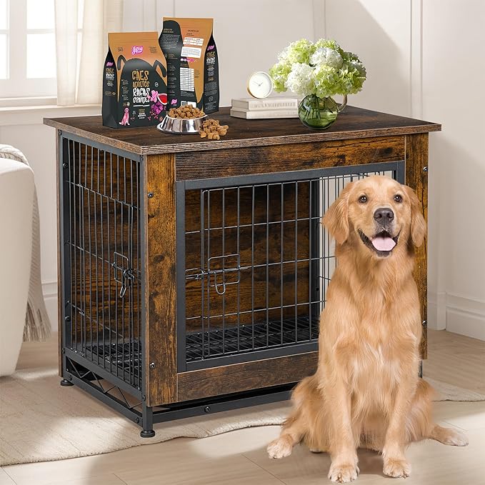 Shintenchi Wooden Dog Crate Furniture for Large Dog, XL Double-Door Kennel Indoor with Removable Tray, End Table XL Dog Crate for Decoration, 44" L*30" W*32" H, Vintage Brown