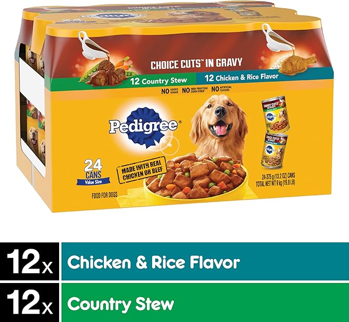 PEDIGREE CHOICE CUTS IN GRAVY Adult Canned Soft Wet Dog Food Variety Pack, Country Stew and Chicken & Rice Flavor, 13.2 oz. Cans (Pack of 24)