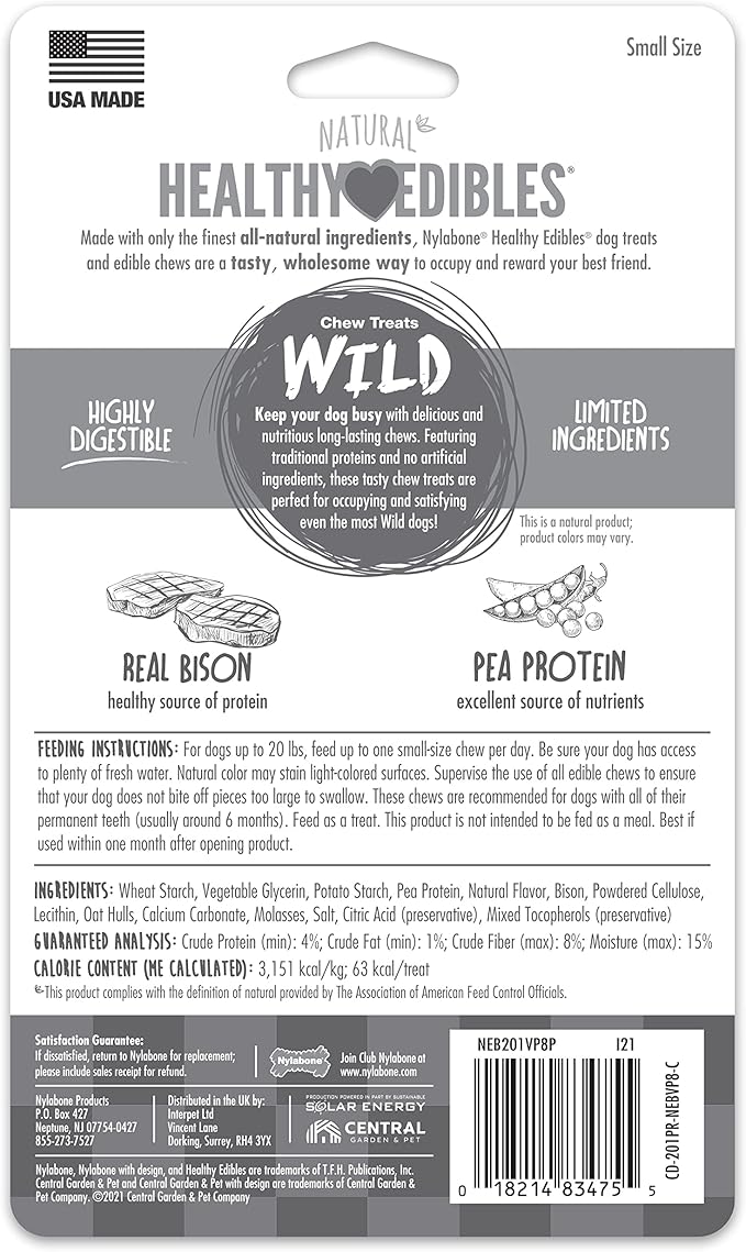 Nylabone Healthy Edibles WILD Natural Long-Lasting Bison Flavor Bone Chew Treats for Dogs, Small (8 Count)