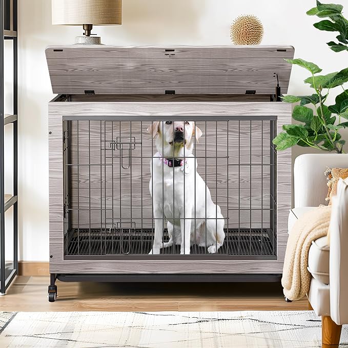 NicBex Dog Crate Furniture, 38.3" L Dog Crates for Large Dogs, Large Dog Crate with Double Doors, Wooden Dog Kennel Indoor Flip-Top for Large Dog House Pet Crate, Grey