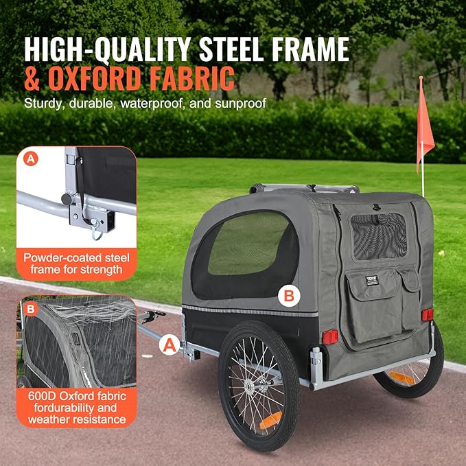 VEVOR Dog Bike Trailer, Supports up to 66/88/100 lbs, Pet Cart Bicycle Carrier, Easy Folding Frame with Quick Release Wheels, Universal Bicycle Coupler, Reflectors, Flag, Collapsible to Store