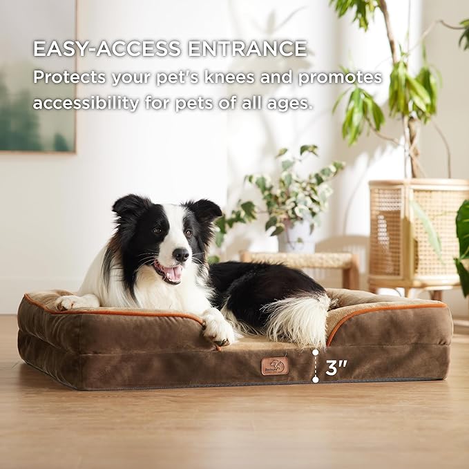 Bedsure Orthopedic Dog Bed for Large Dogs - Big Washable Dog Sofa Beds Large, Supportive Foam Pet Couch Bed with Removable Washable Cover, Waterproof Lining and Nonskid Bottom, Brown