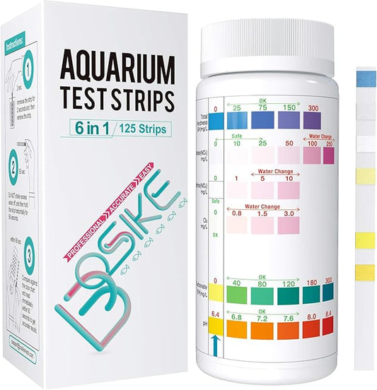 BOSIKE 6 in 1 Aquarium Test Strips Kit - 125 Fresh Water Fish Tank Tester Strips for Total Hardness, Nitrate, Nitrite, Cl2, Carbonate & ph Testing