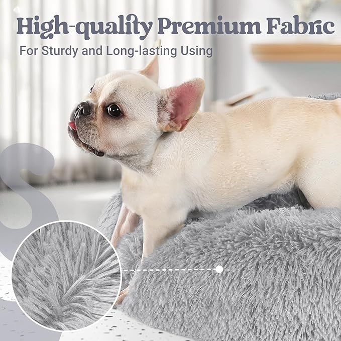 rabbitgoo Calming Dog Bed for Small Medium Dog, 30 inches Pet Bed Machine Washable, Non-Slip Round Fluffy Plush Faux Fur Large Cat Bed, Soft Donut Cuddler Cushion for Small Dog, Light Grey