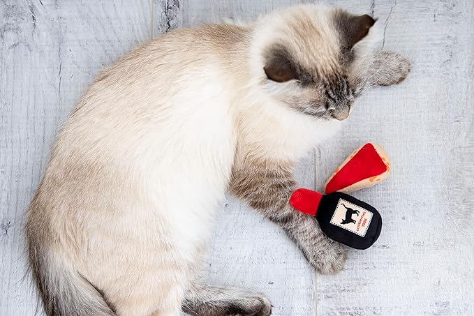 Pearhead Pet Cheese and Wine Plush Cat Toys, Set of 2, Wine and Cheese Catnip Toys, Crinkle Cat Toys, Cat Owner Valentine's Day Keepsake
