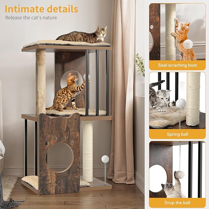 YITAHOME 43.1in 3-Level Modern Cat Tree for Large Indoor Cats, Wooden Cat Tower with Scratching Posts, Detachable Cushions, Spring Ball, Pom-pom, Rustic Brown