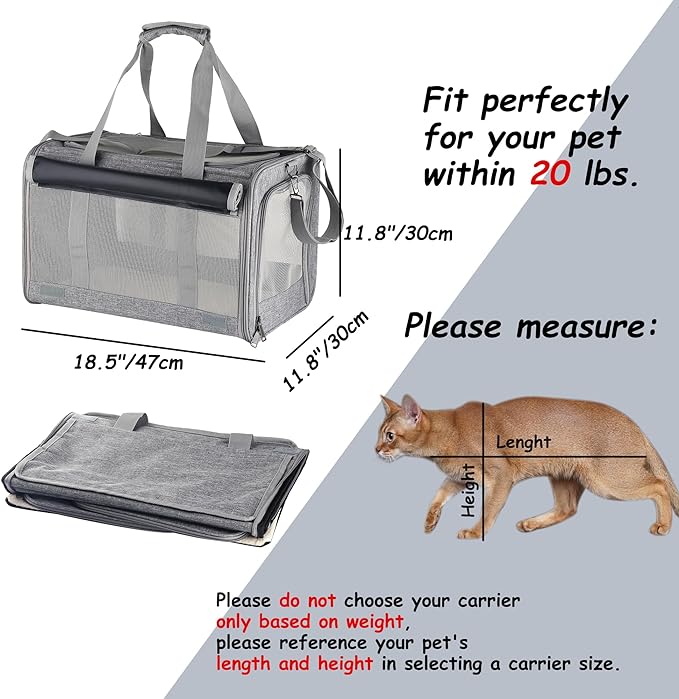 Large cat Carrier Pet Carrier Dog Carrier for Cats Dogs Soft Sided Cat Travel Carrier Airline Approved Rabbit Carrier Reptile Carrier Small Animal Carriers Kitten Carrier(Large Grey)