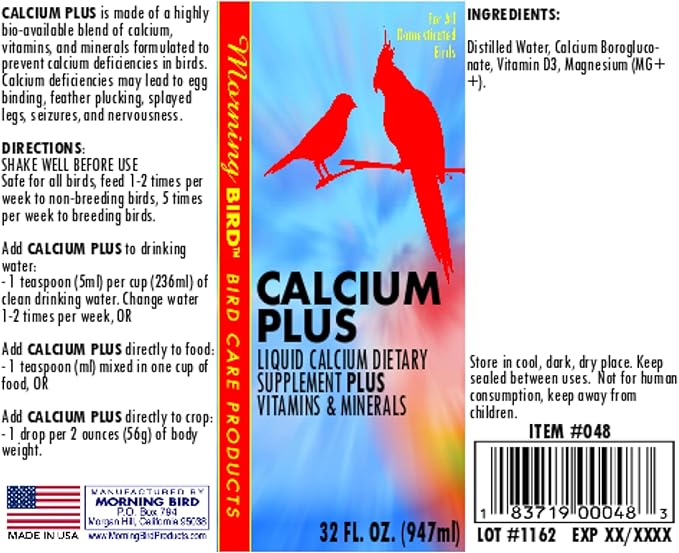Morning Bird Calcium Plus Supplement for Avian Health, Liquid Calcium Formula with Magnesium and Vitamin D3, 32 Fl. Oz.