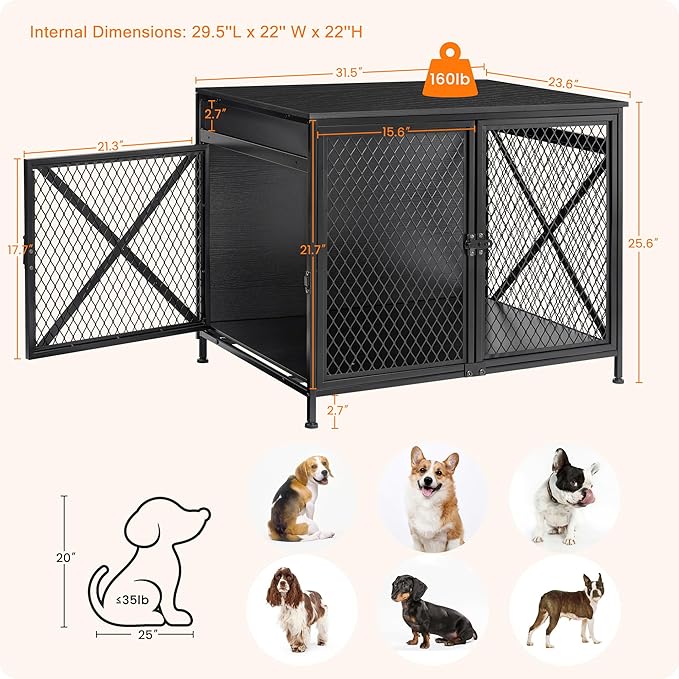 DWANTON Dog Crate Furniture, 31.5" L Three-Door Wooden Dog Kennel Indoor, Connectable expansion, Wooden Dog Crate Table for Small/Medium/Large Dog, Dog House, Dog Cage Large, Black